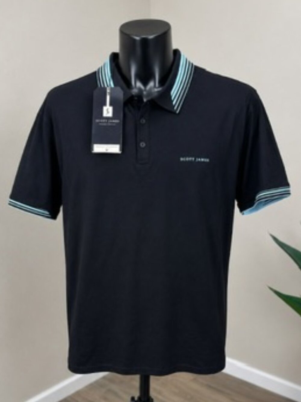 Scott James Polo Shirt Black XL NWT Blue Trim Cotton Stretch Men Luxury Casual